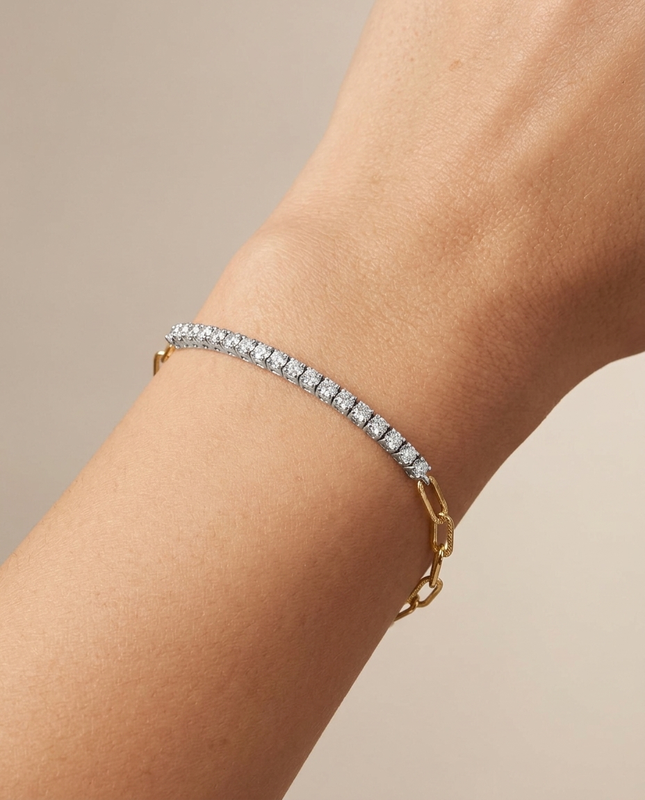 14KT Diamond Tennis Bracelet with Paperclip on model