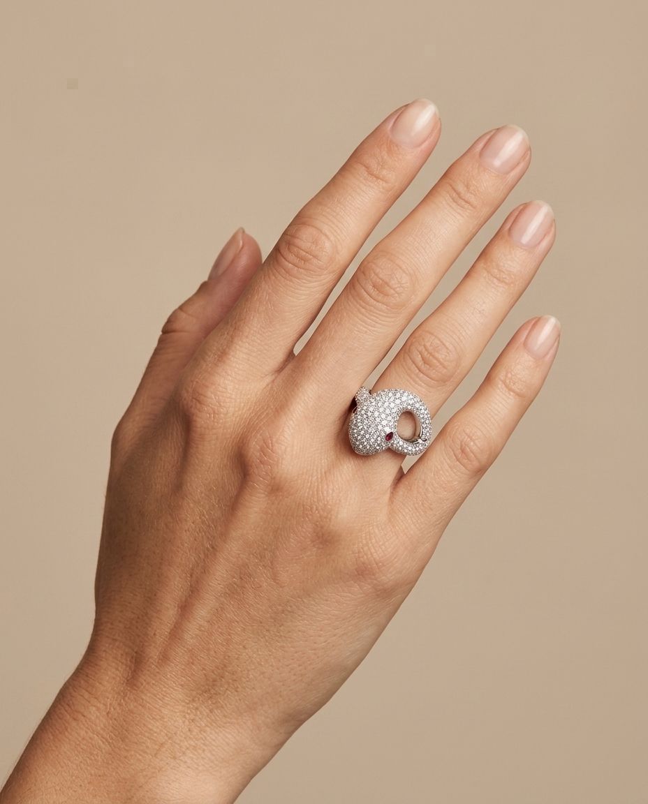 18KT White Gold Ruby and Diamonds Snake Ring on model