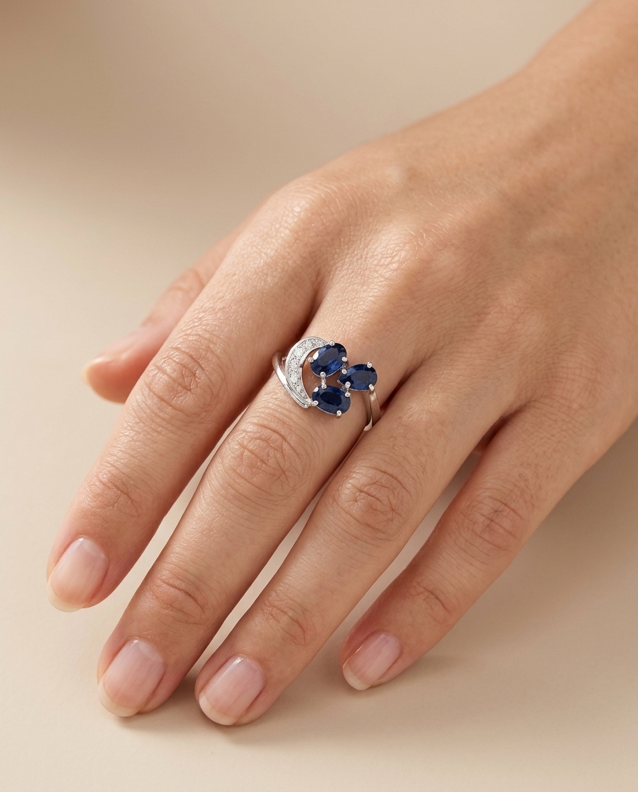18KT Gold Blue Sapphire and Diamonds Ring on model