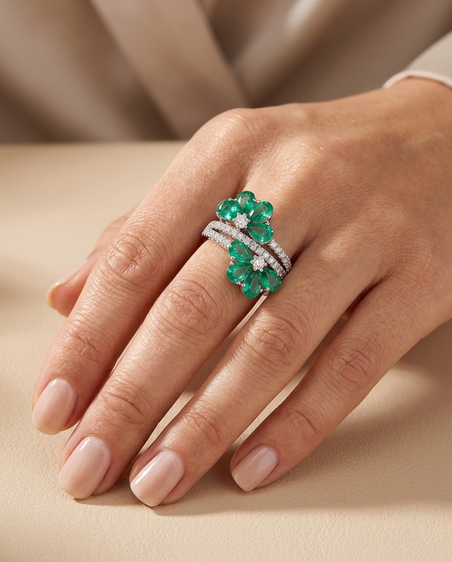 18KT Gold Emerald and Diamond Ring on model