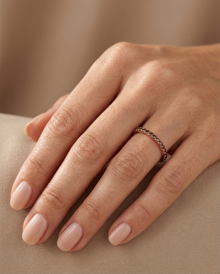 18KT Gold Full Eternity Chocolate Diamond Thin Ring Band on model