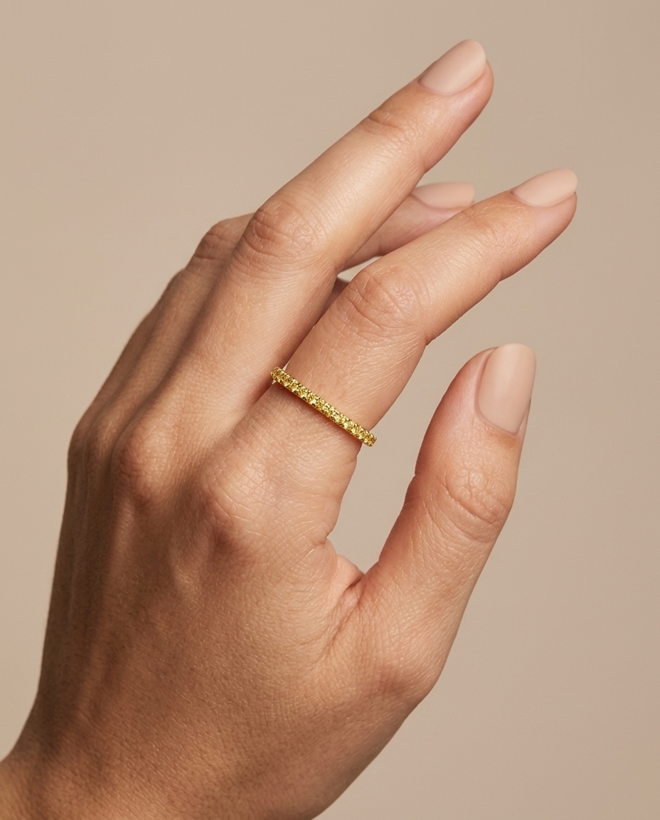 18KT Gold Full Eternity Yellow Diamond Thin Ring Band on model