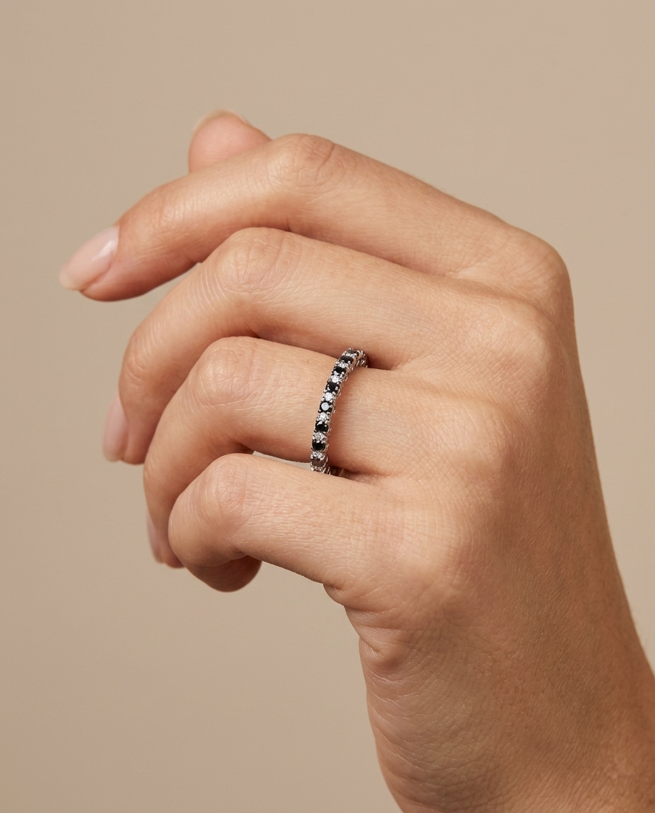 18K Gold Black Diamond and Diamond Ring on model
