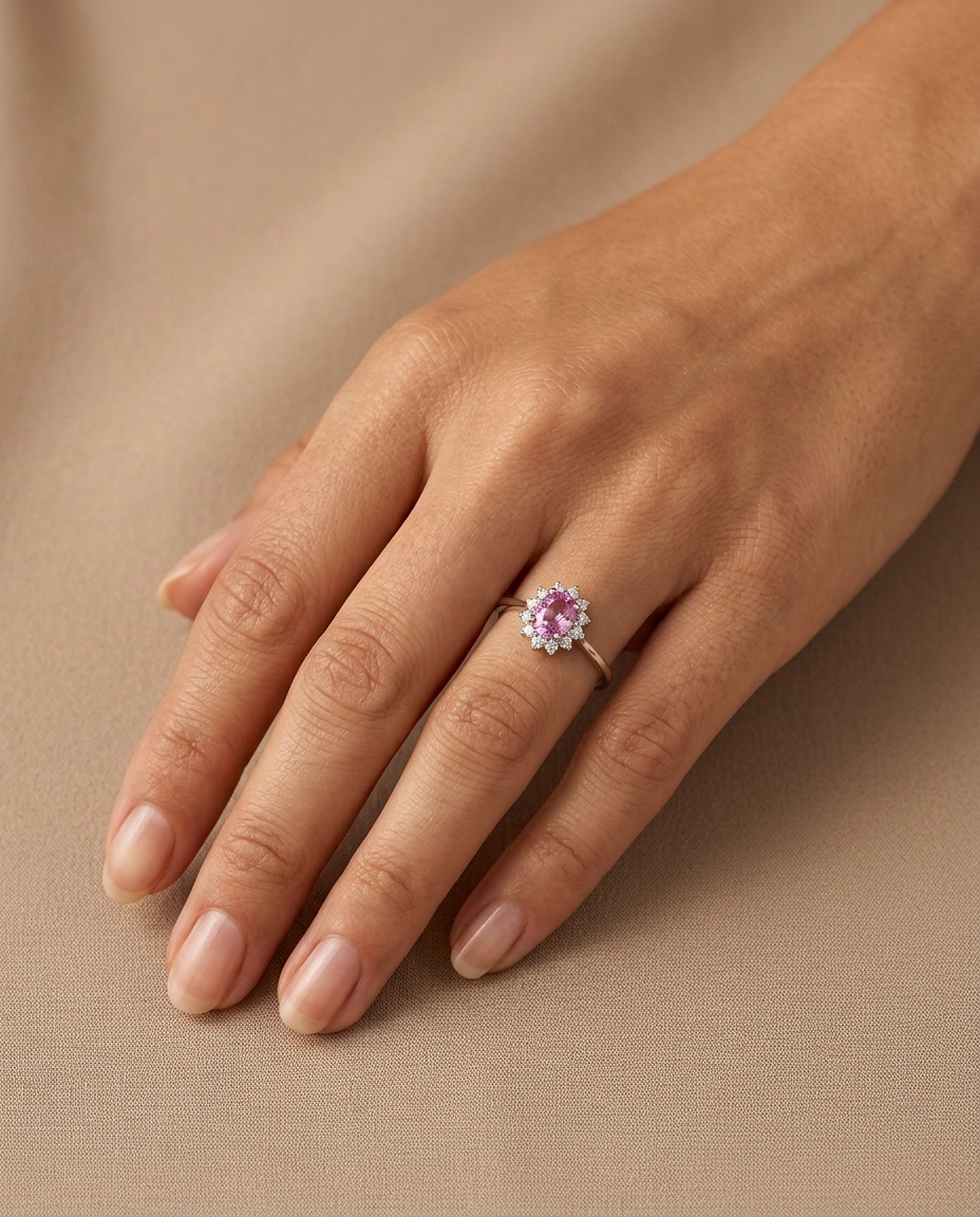 18KT White Gold Pink Sapphire and Diamonds Ring on model
