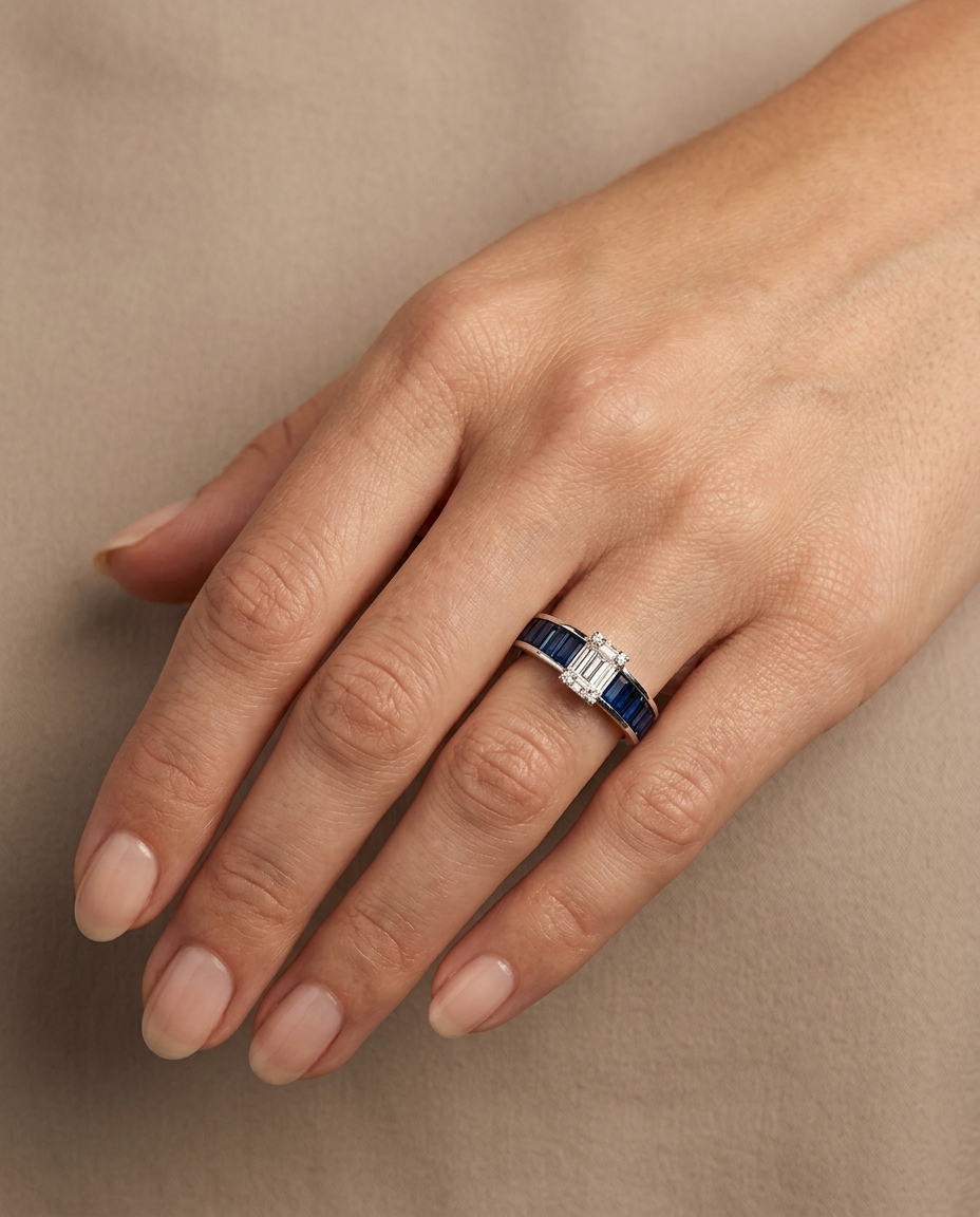 14KT White Gold Sapphire with Diamonds Ring on model