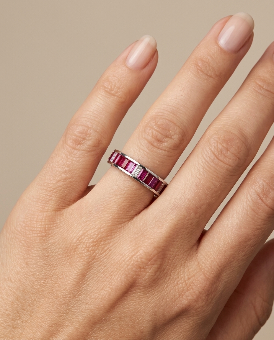 18KT White Gold Ring with Baguette Ruby and Diamonds on model