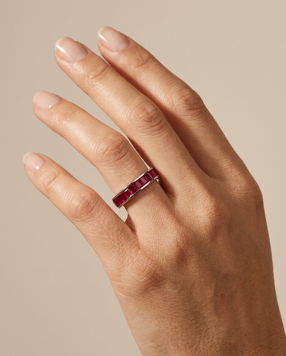 18KT White Gold Baguette Ruby Ring on model