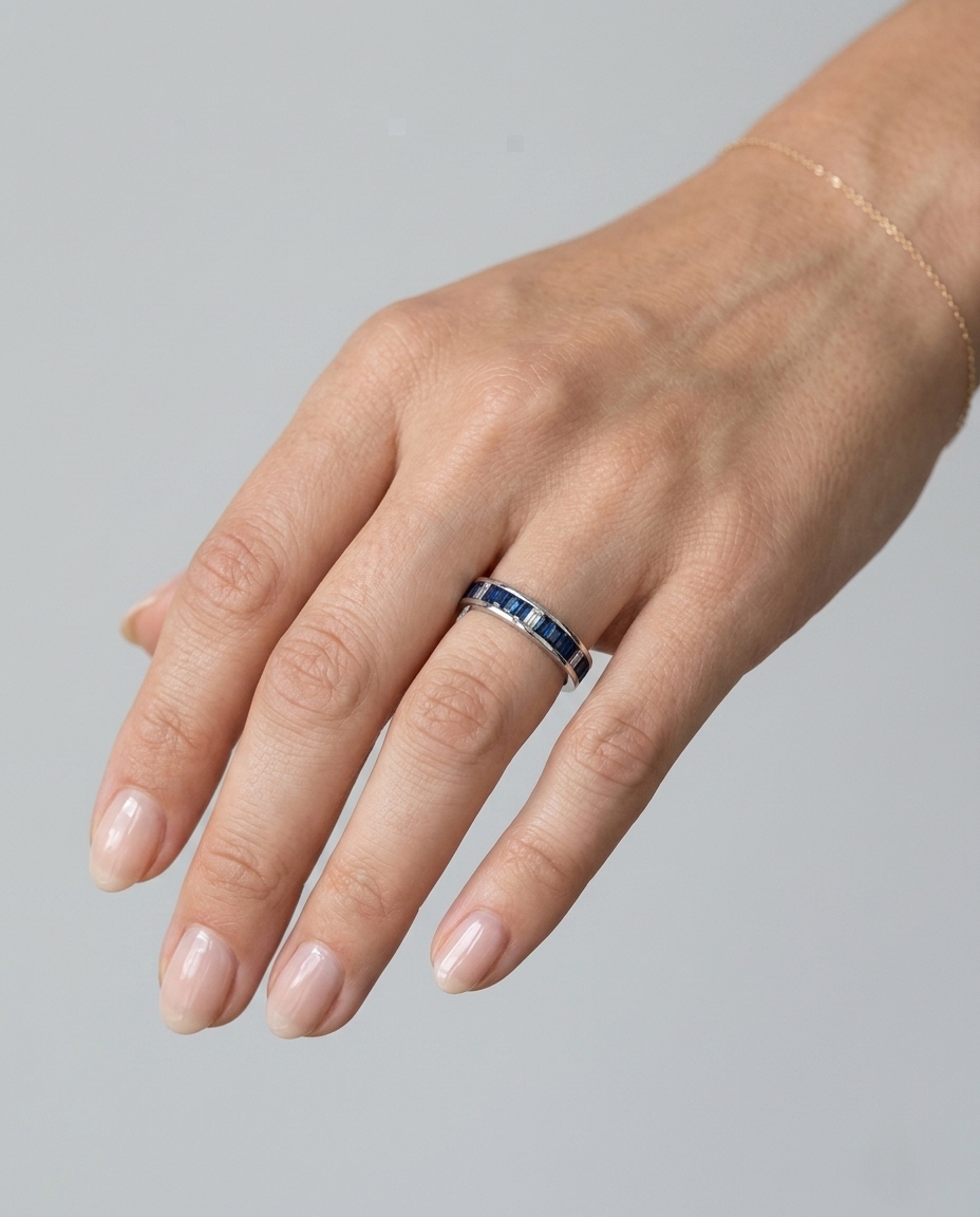 18KT White Gold Ring with Baguette Sapphire and Diamonds on model