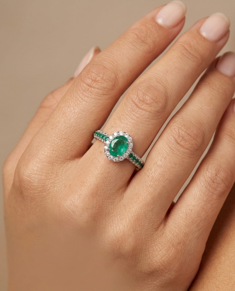 18KT Gold Emerald and Diamond Ring on model
