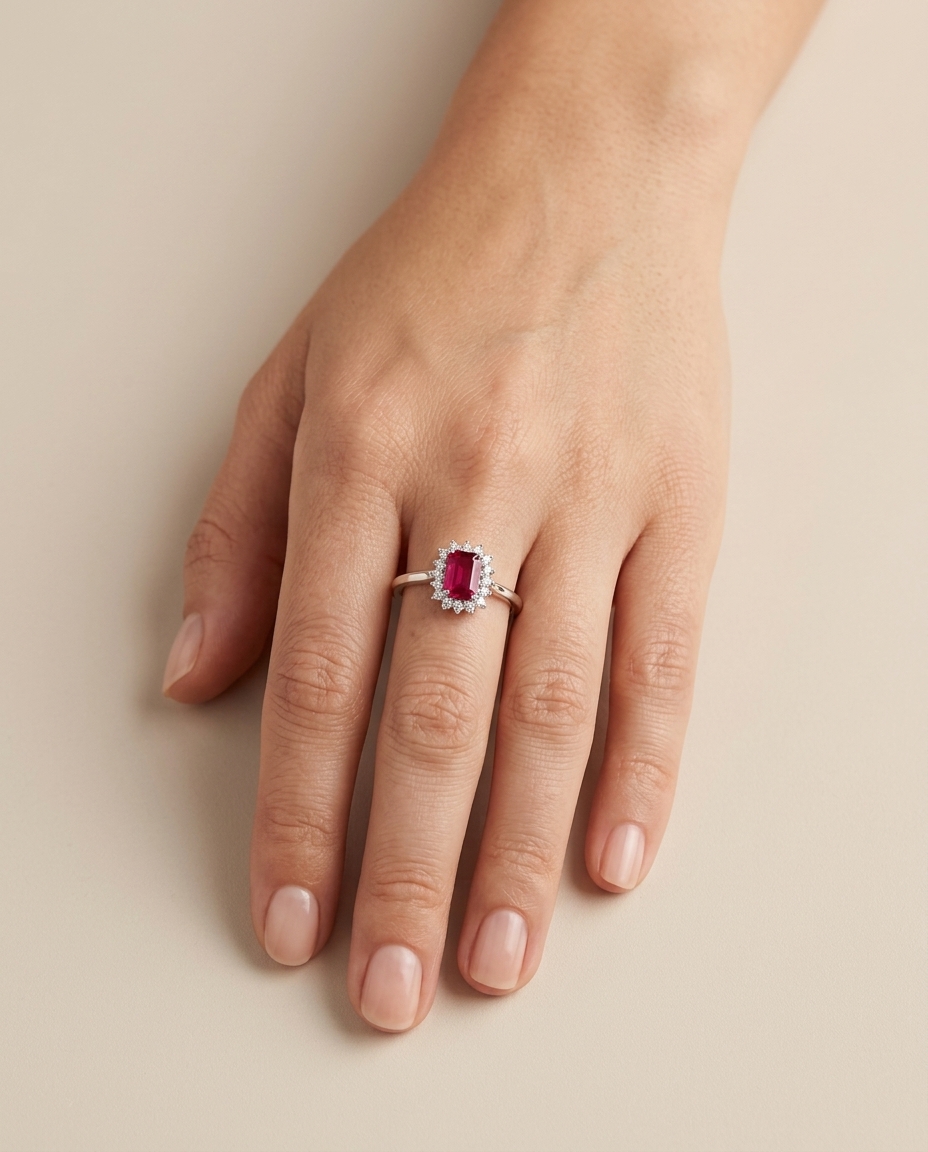 18KT White Gold Ruby and Diamonds Ring on model