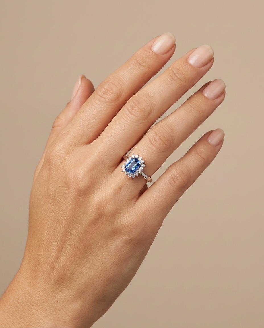 18KT White Gold Sapphire and Diamonds Ring on model