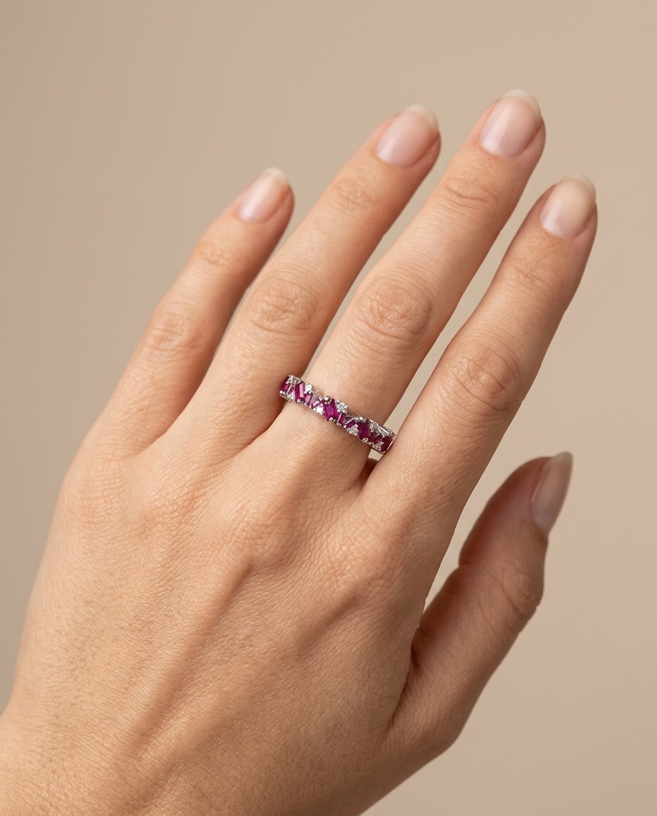 18KT White Gold Ruby and Diamonds Ring on model