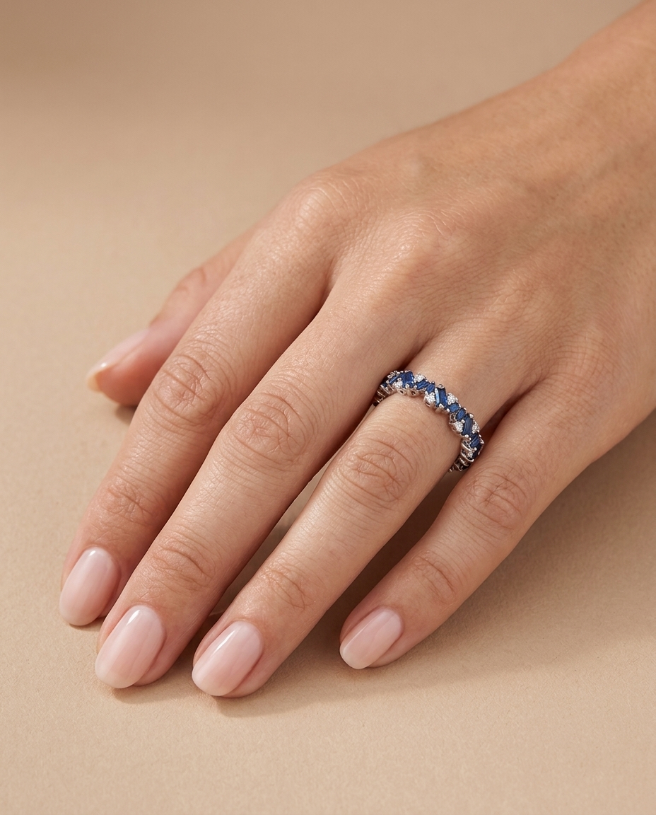 18KT White Gold Sapphire and Diamonds Ring on model