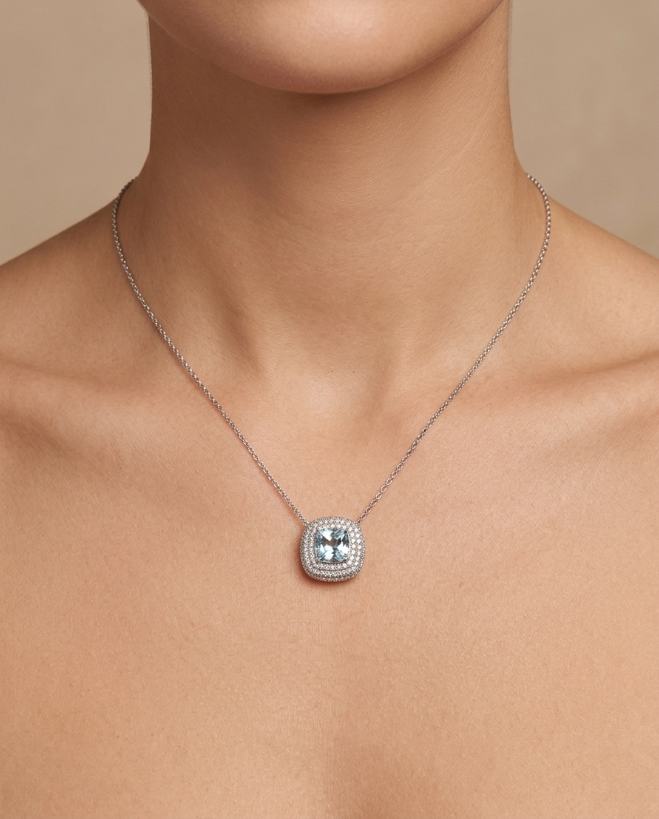 14KT White Gold Aquamarine with Diamonds Necklace on model