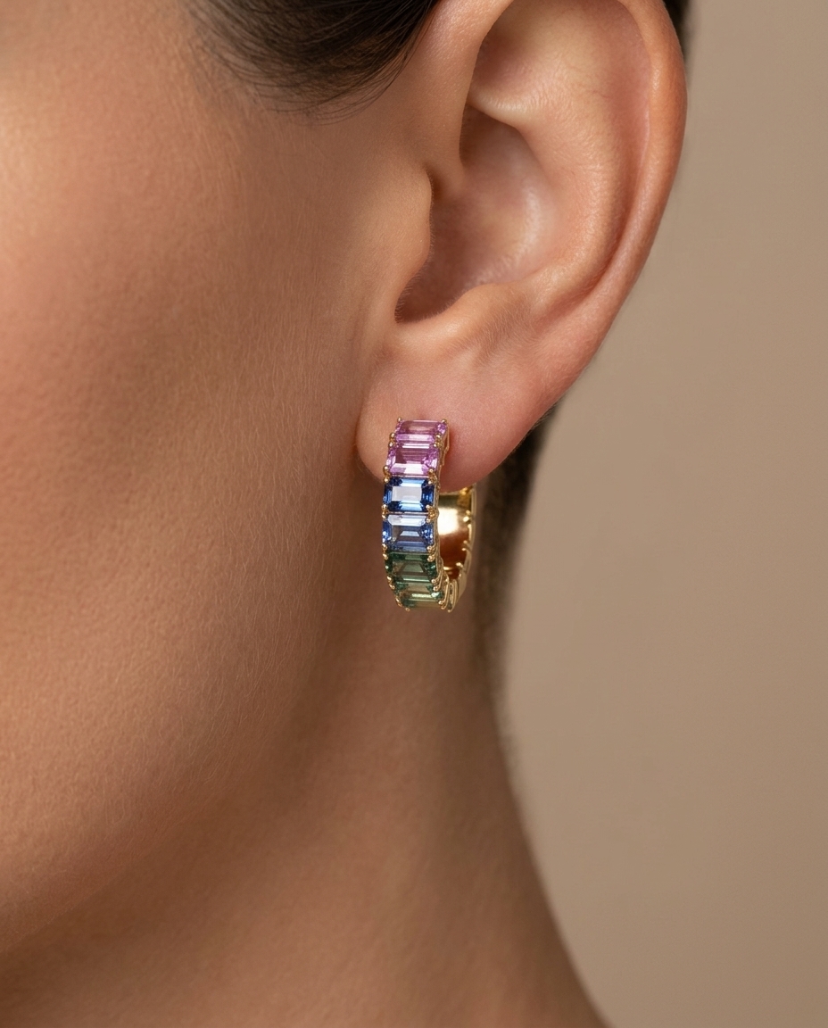 14KT Yellow Gold Multi Sapphire Hoop Earring on model