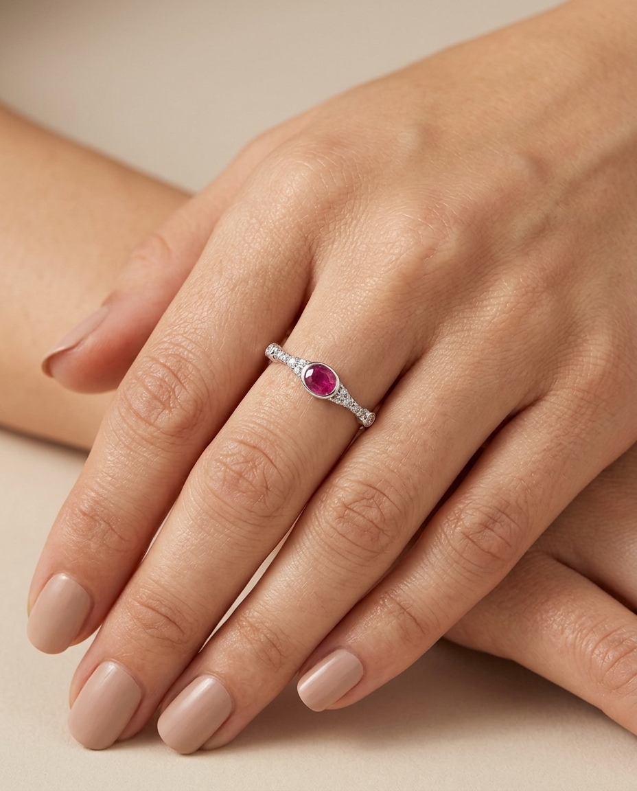18KT Gold Ruby and Diamonds Ring on model