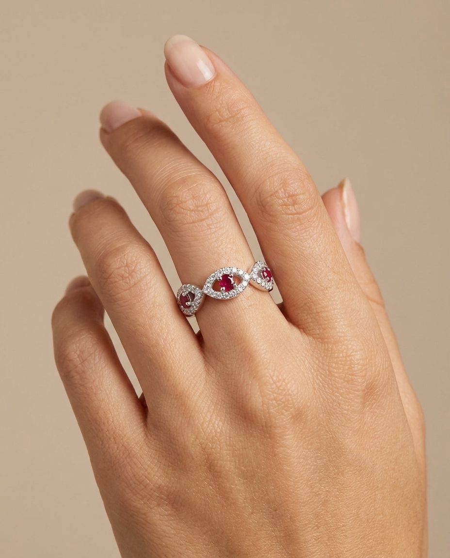 18K Gold Diamond Ruby Ring on model