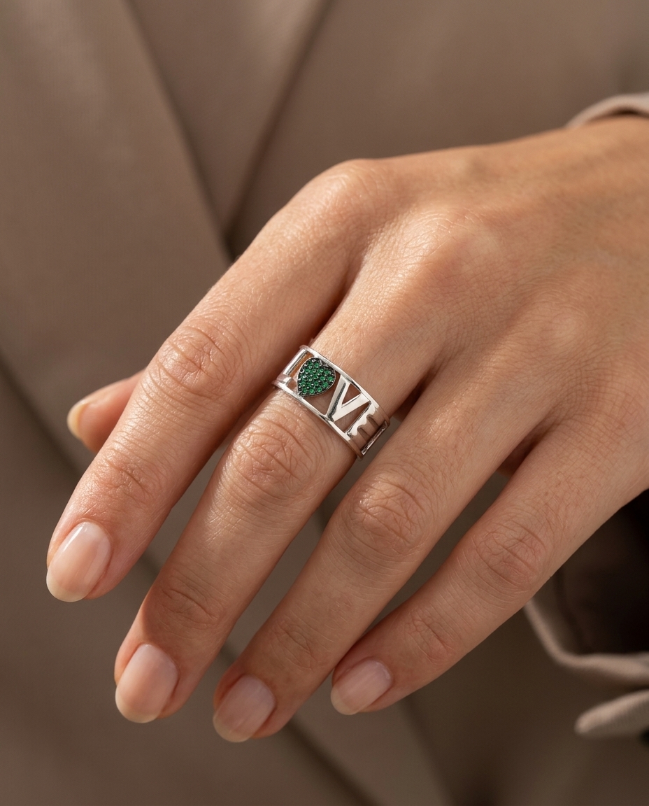 18KT Gold Emerald Love Ring on model