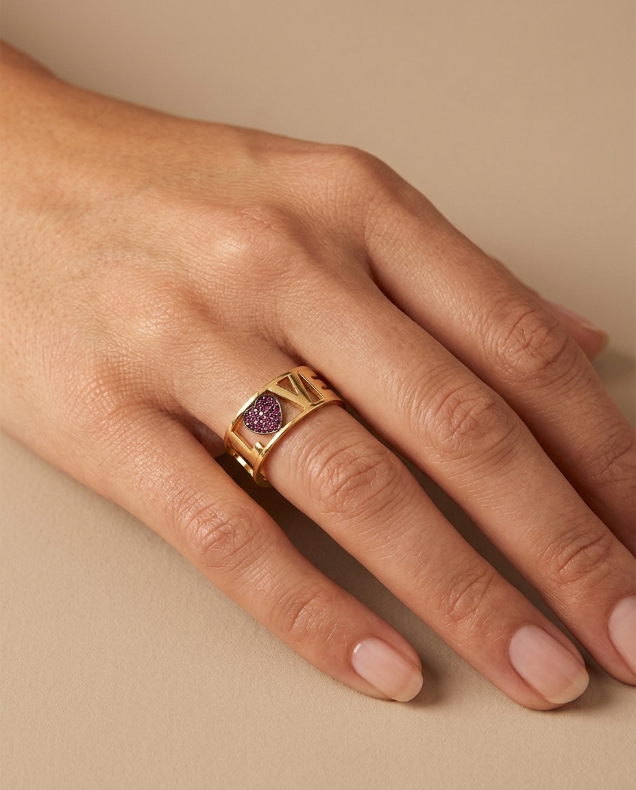 18KT Gold Ruby Love Ring on model