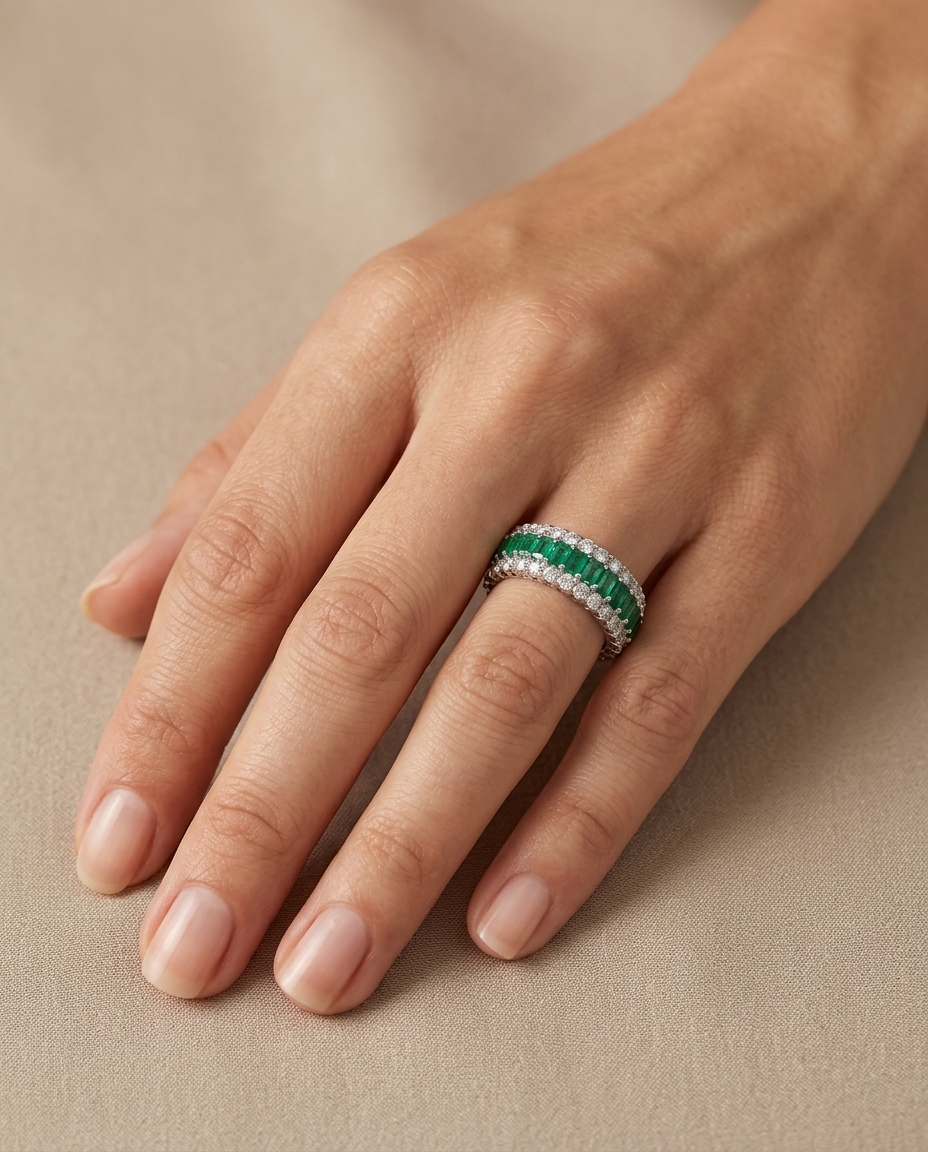 18KT White Gold Emerald Diamond Ring on model