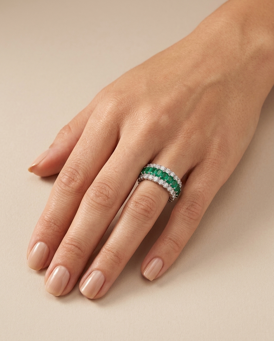 14KT White Gold Emerald Diamond Ring on model