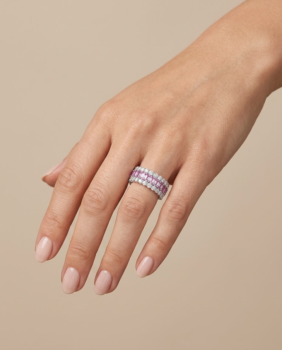 14KT White Gold Pink Sapphire Diamond Ring on model