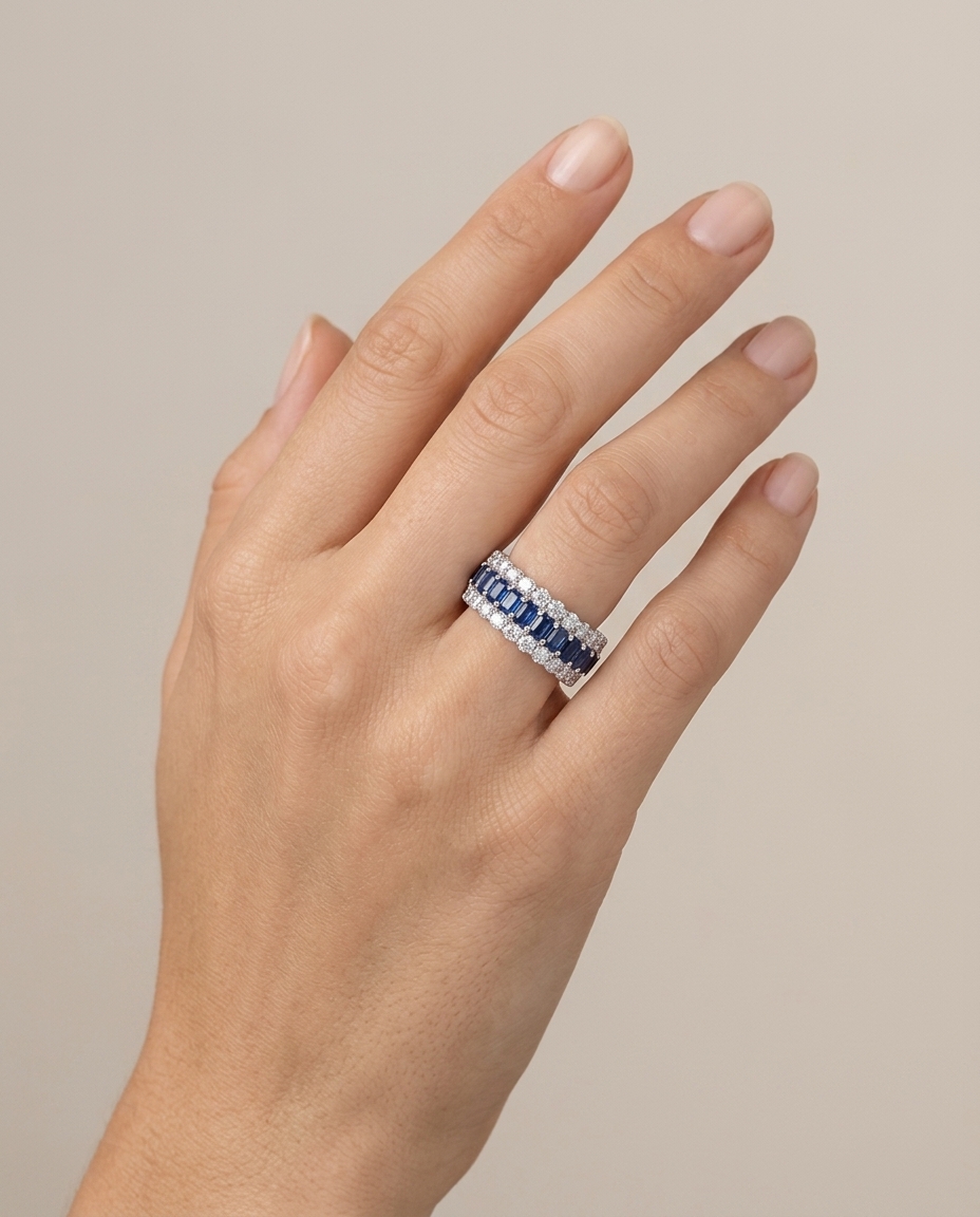 14KT White Gold Blue Sapphire Diamond Ring on model