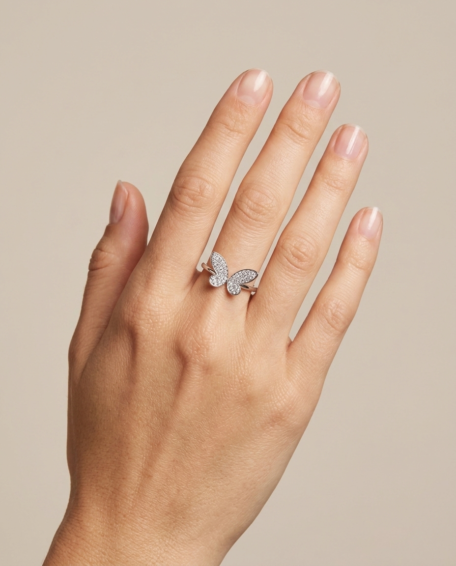 18KT White Gold Diamond Butterfly Ring on model