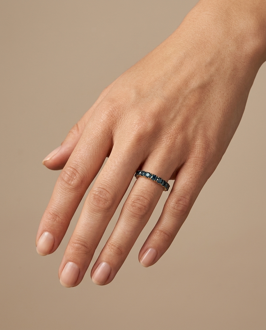 14KT Yellow Gold Blue Diamonds Ring on model