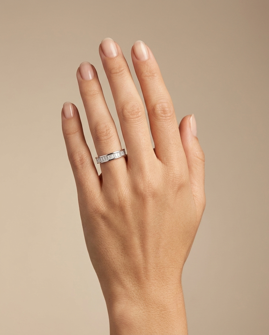 18KT White Gold Baguette Diamond Ring on model