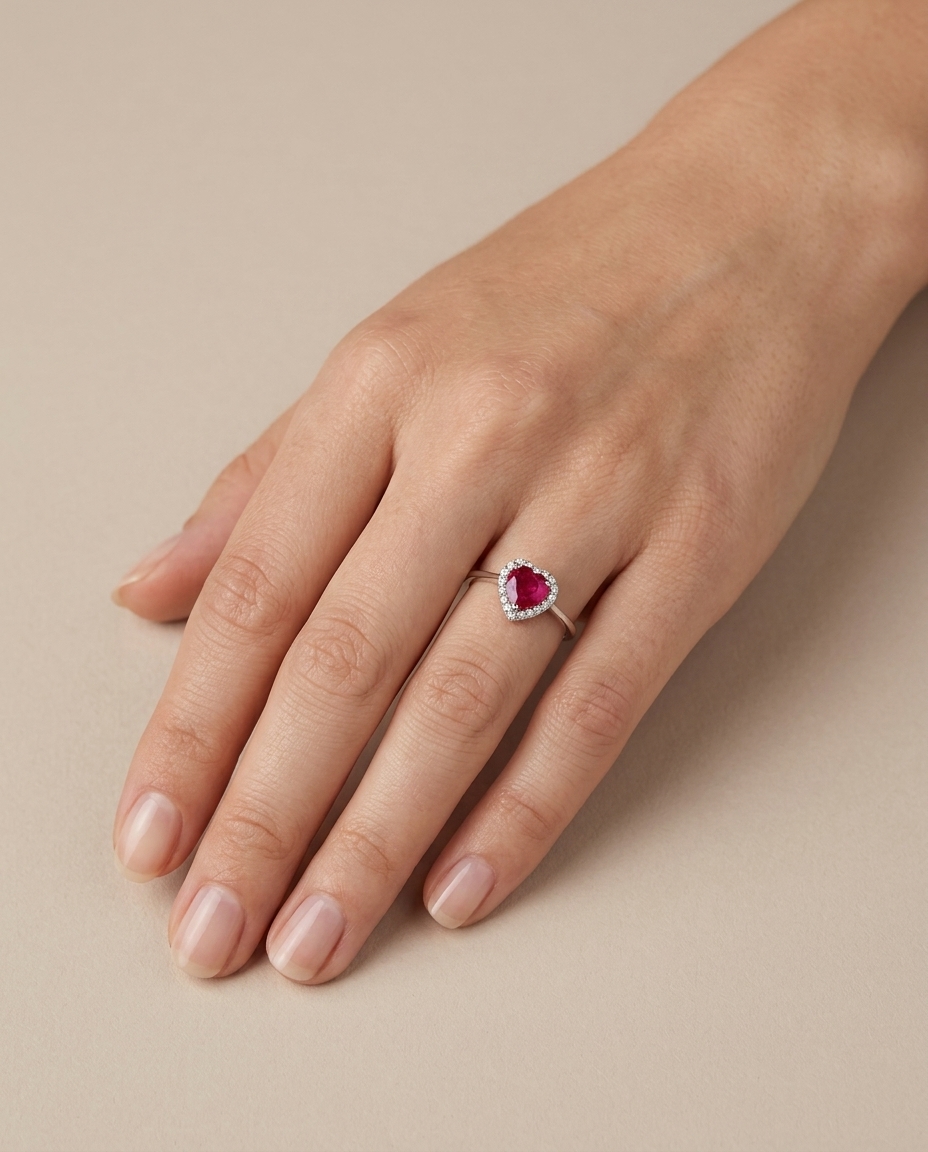 18KT White Gold Heart Shaped Ruby and Diamonds Ring on model