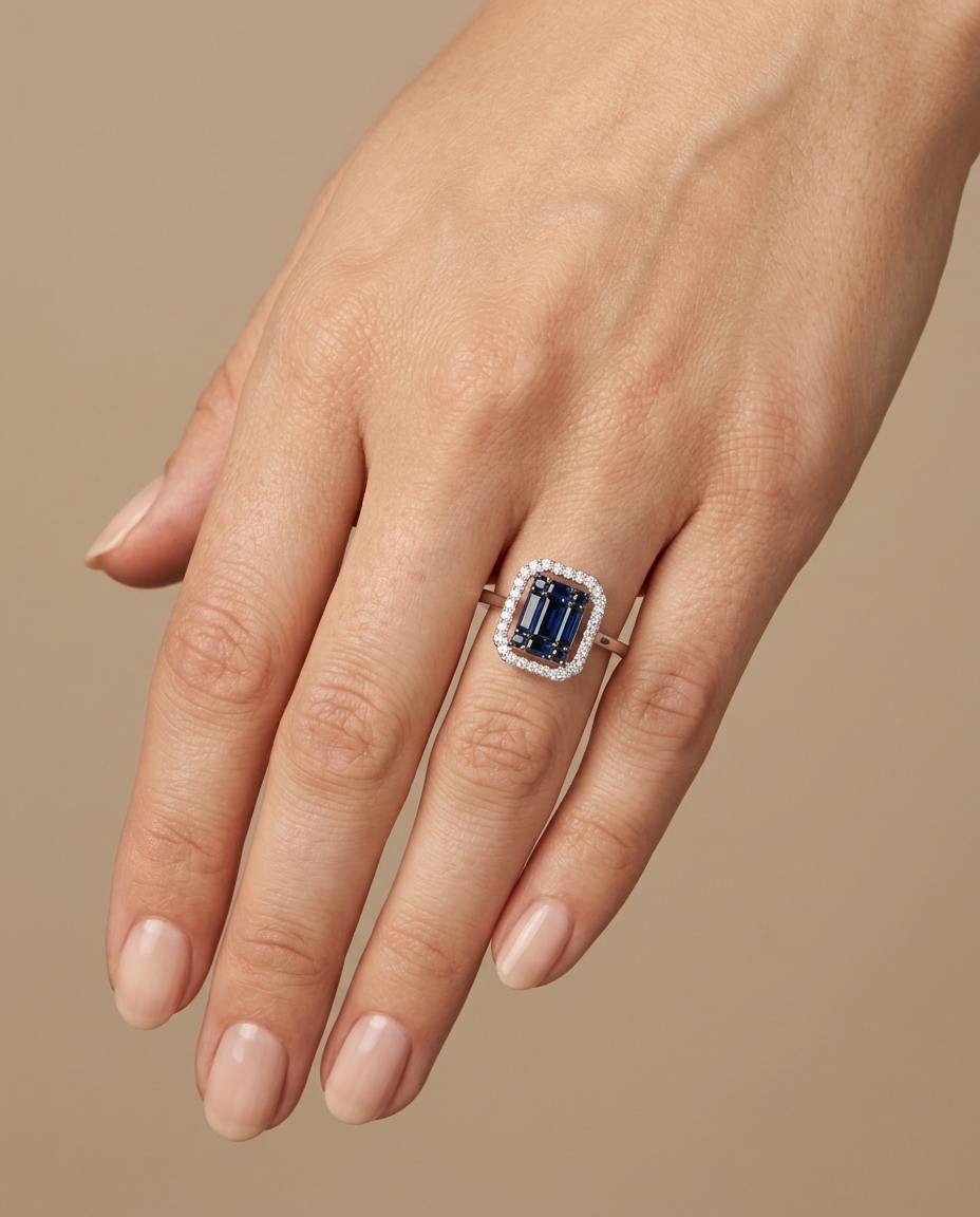 18KT White Gold Sapphire and Diamonds Ring on model
