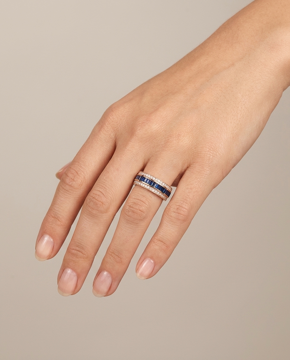 18KT Rose Gold Sapphire and Diamonds Ring on model