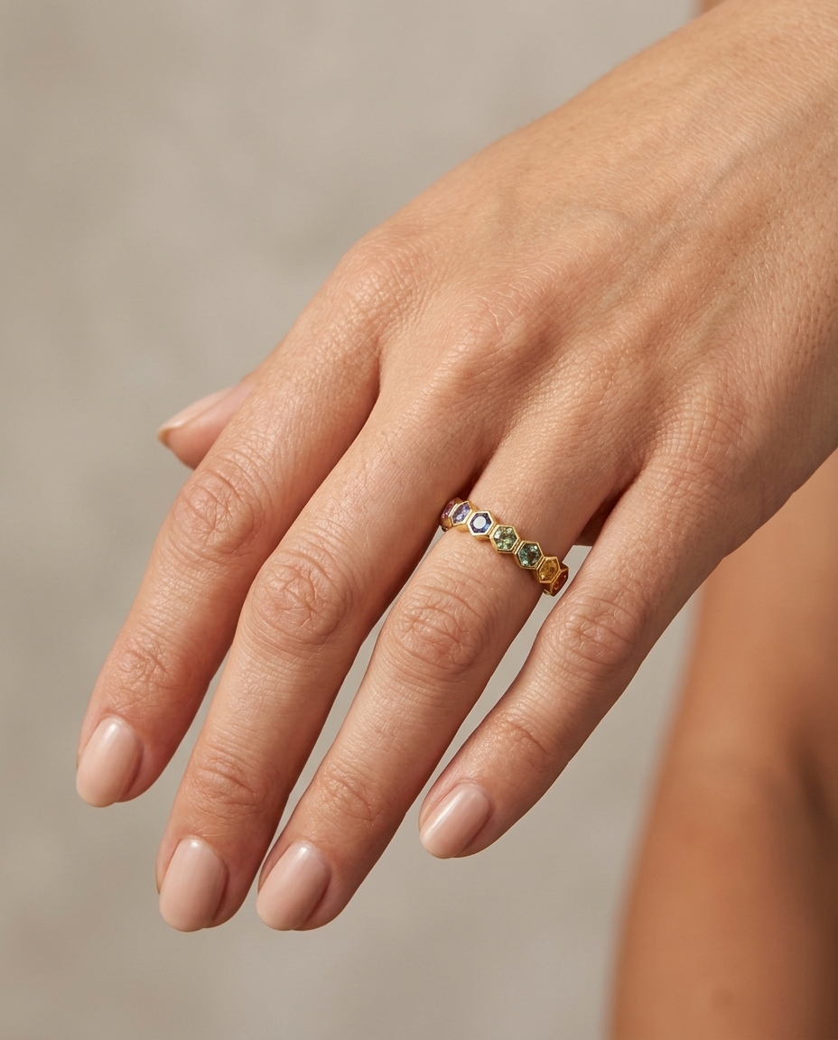14KT Yellow Gold Multi Sapphire Ring on model
