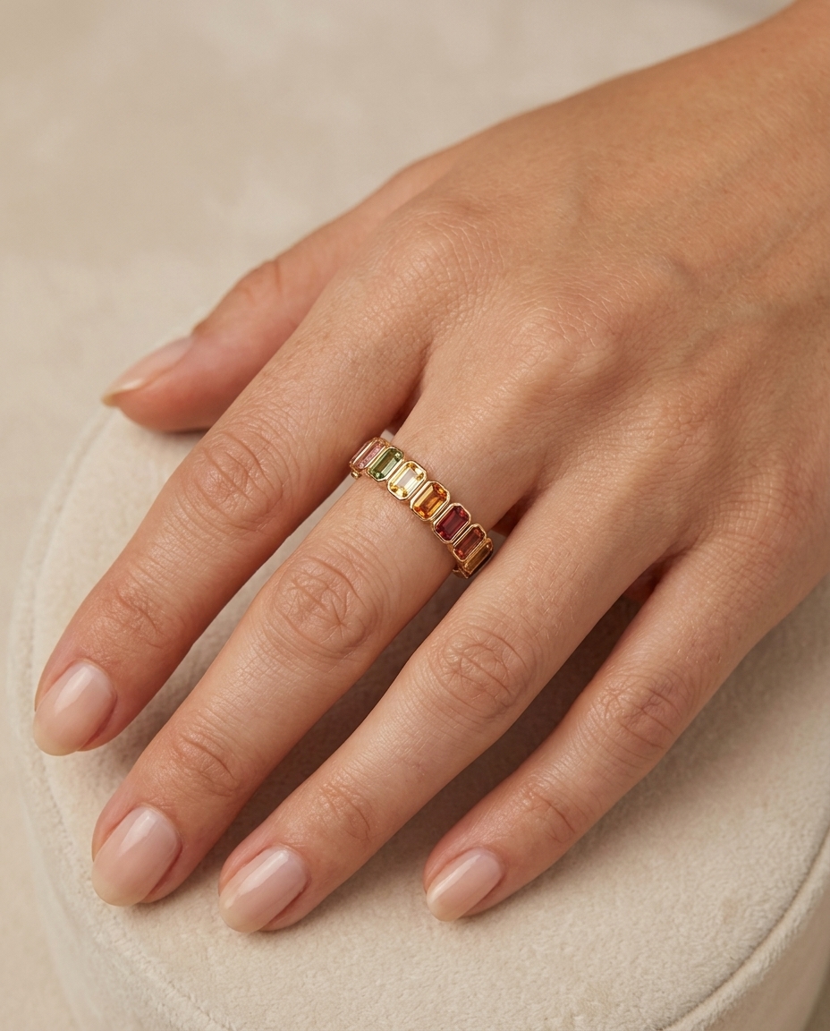 14KT Yellow Gold Multi Sapphire Ring on model