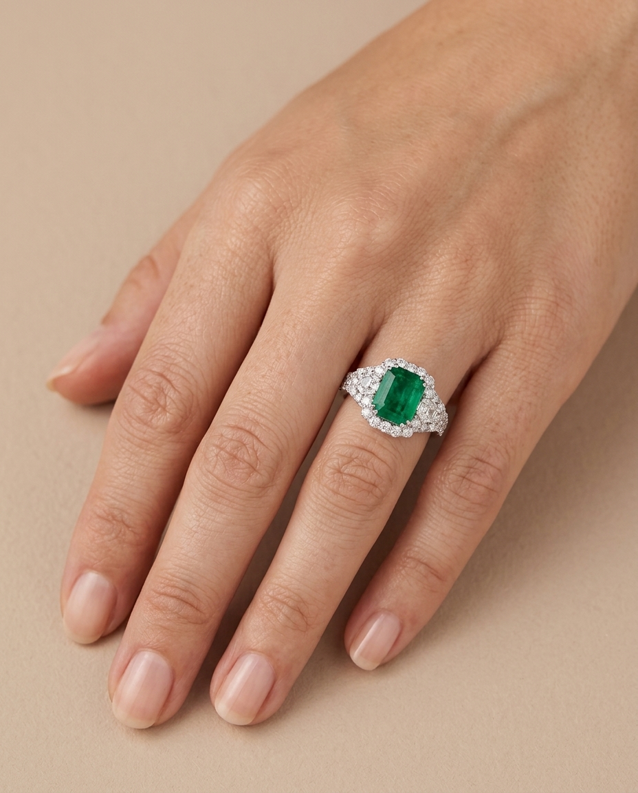 18KT White Gold Emerald and Diamonds Ring on model