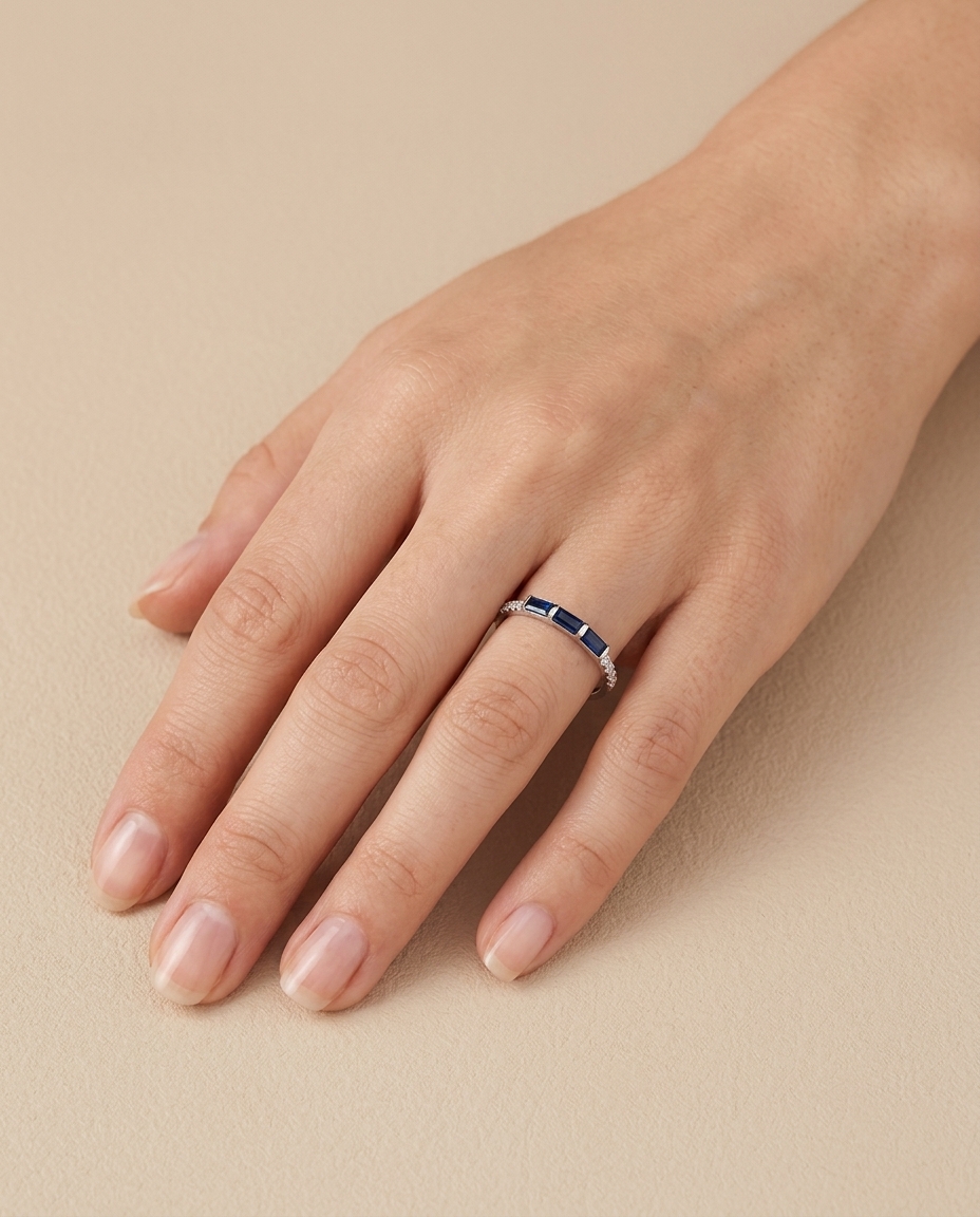 18KT White Gold Sapphire and Diamonds Ring on model