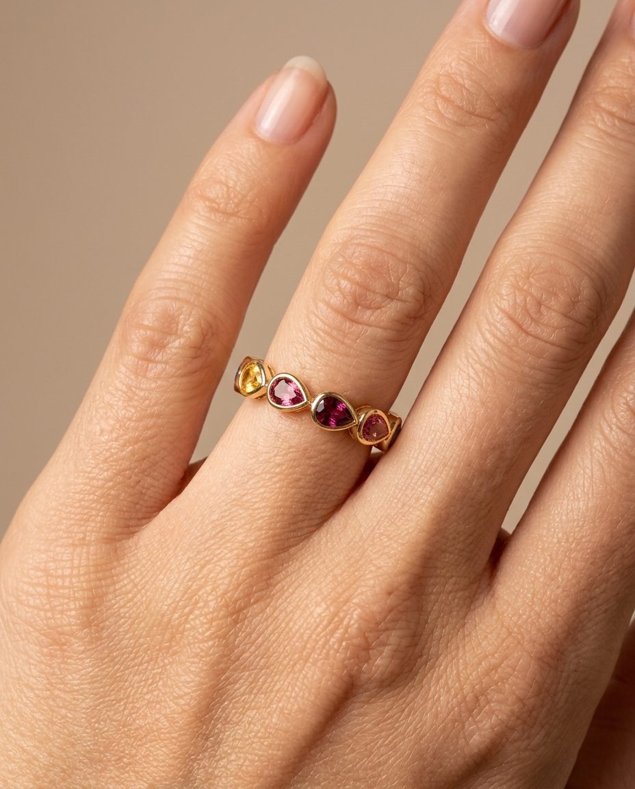 14KT Gold Multi Sapphire Ring on model