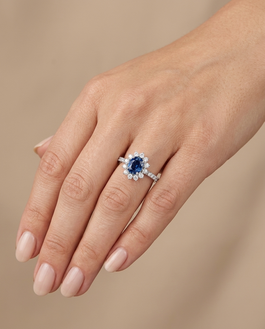 14KT White Gold Ceylon Sapphire and Diamonds Ring on model