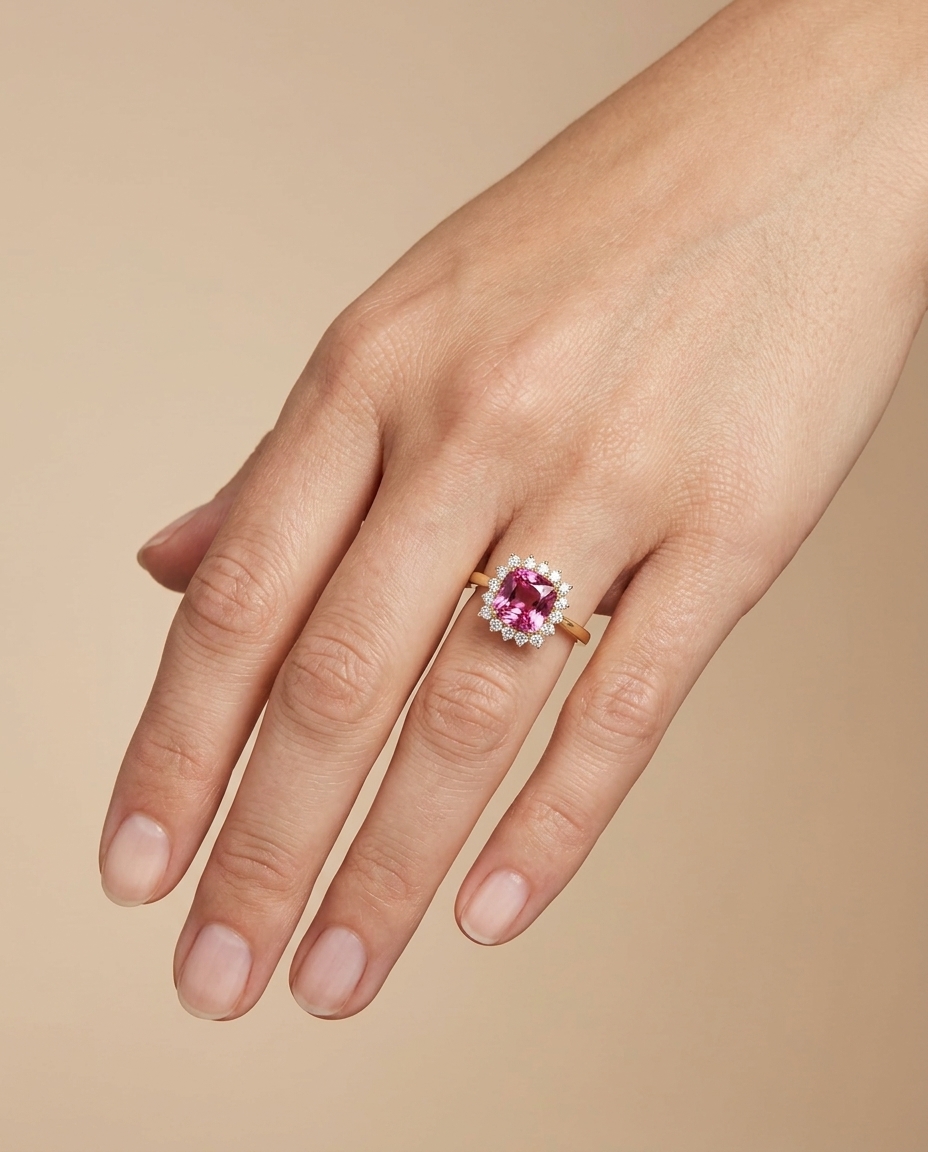 14KT Yellow Gold Pink Tourmaline and Diamonds Ring on model