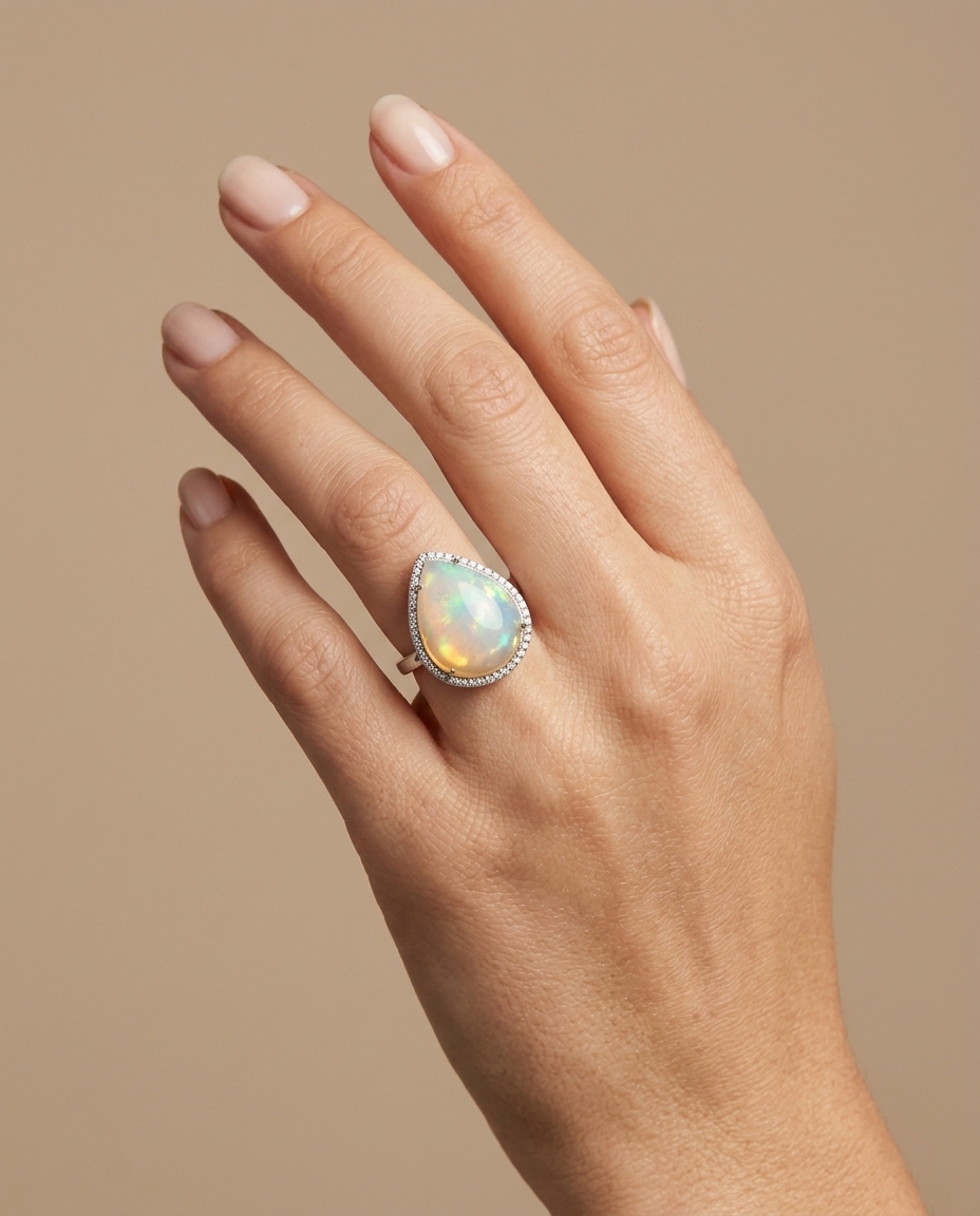 14KT Yellow Gold Opal and Diamond Ring on model