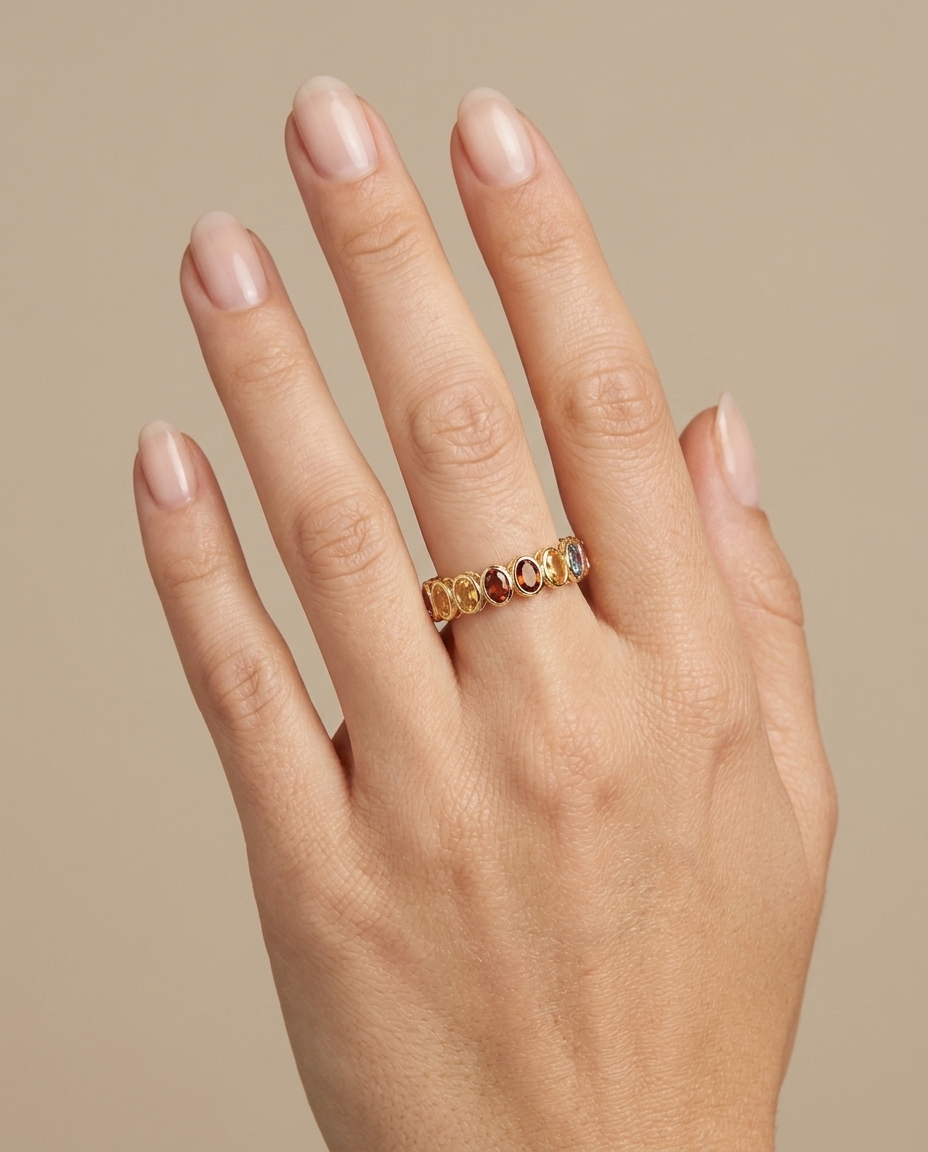 14KT Gold Multi Sapphire Ring on model