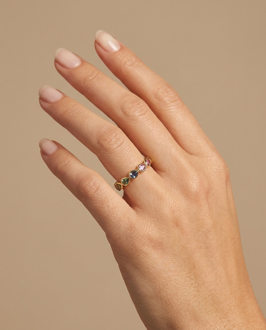 14KT Gold Pear Shape Multi Sapphire Ring on model
