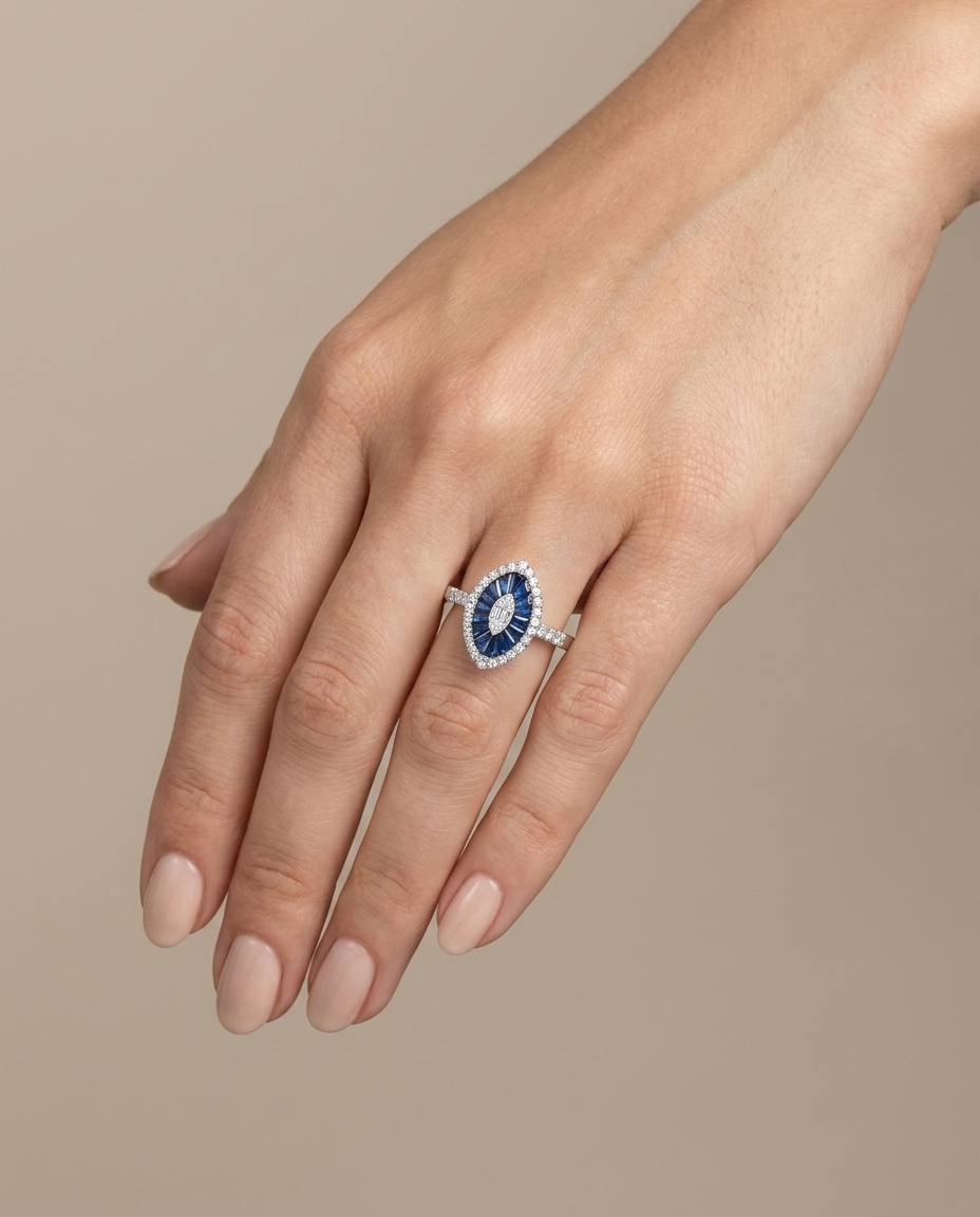 14KT White Gold Blue Sapphire and Diamonds Marquise Ring on model