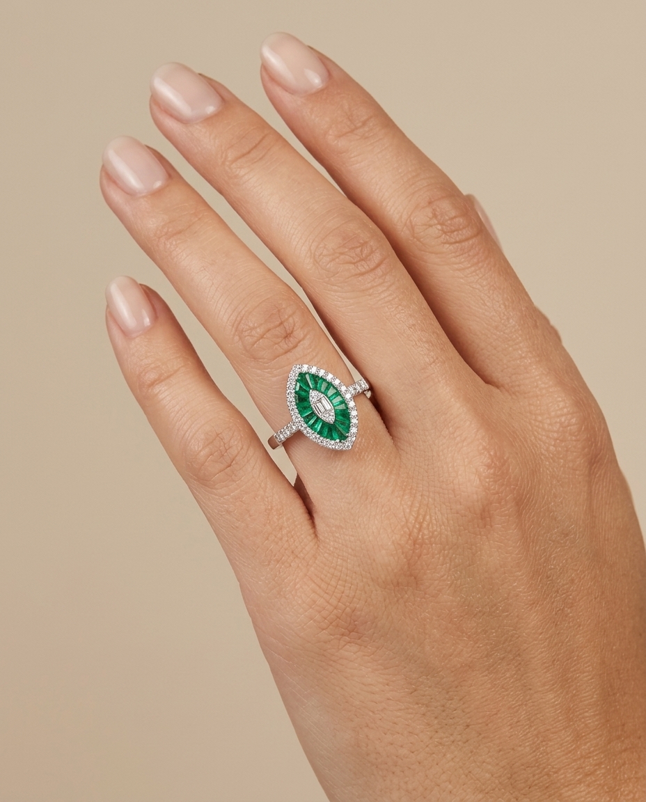 14KT White Gold Emerald and Diamonds Marquise Ring on model