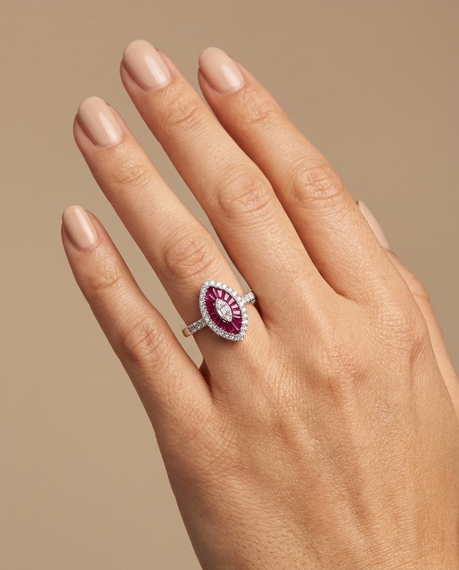 14KT White Gold Ruby and Diamonds Marquise Ring on model