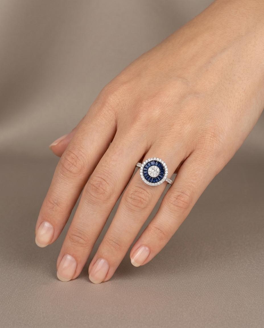 14KT White Gold Blue Sapphire and Diamonds Round Ring on model