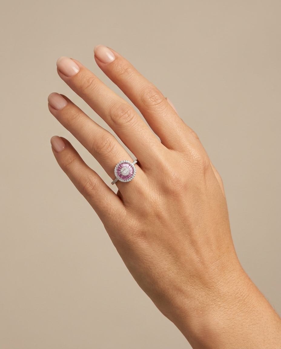 14KT White Gold Pink Sapphire and Diamonds Ring on model