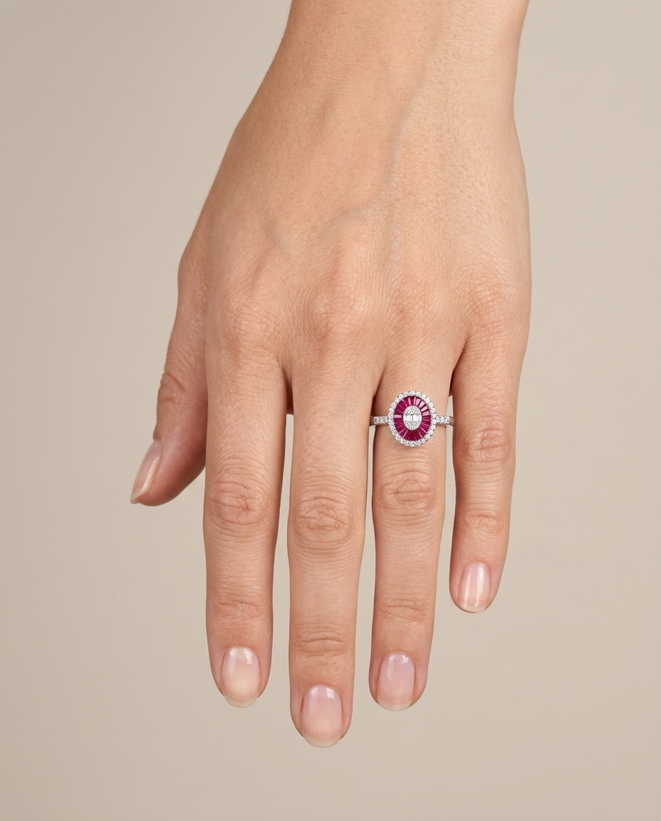 14KT White Gold Ruby and Diamonds Oval Ring on model