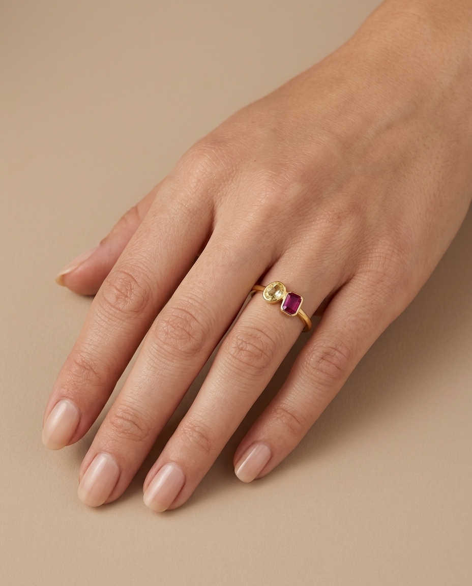 14KT Yellow Gold Ruby and Champagne Diamond Ring on model